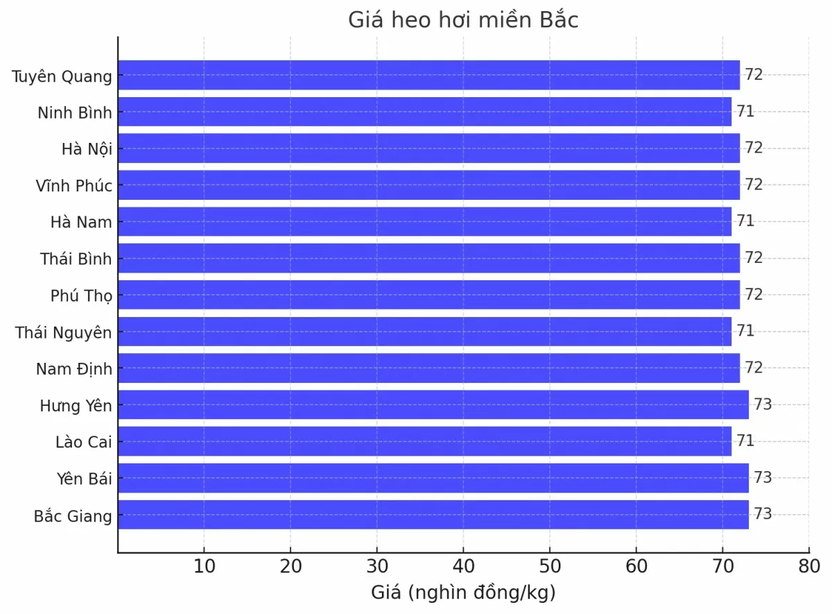 Biểu đồ giá heo hơi tại các tỉnh miền Bắc ngày 24/3.