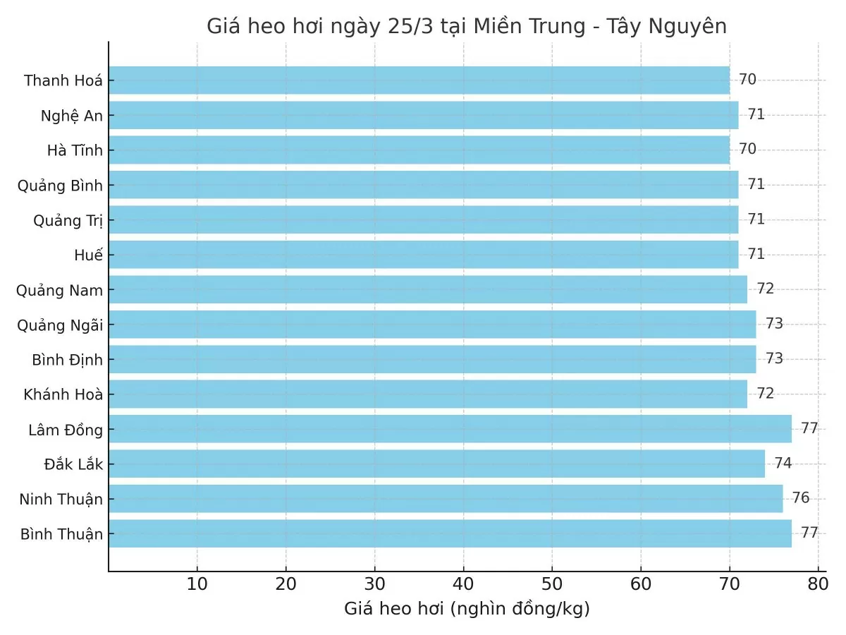 Biểu đồ giá heo hơi tại các tỉnh miền Trung - Tây Nguyên ngày 25/3.