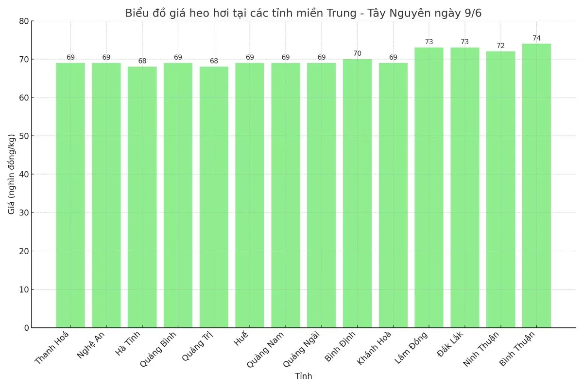 Biểu đồ giá heo hơi tại các tỉnh miền Trung - Tây Nguyên ngày 9/6.