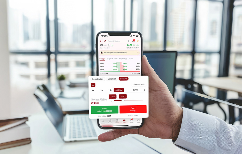 Lệnh AI của DNSE hỗ trợ phân bổ lệnh khối lượng lớn, tối ưu giá và hiệu quả giao dịch. 