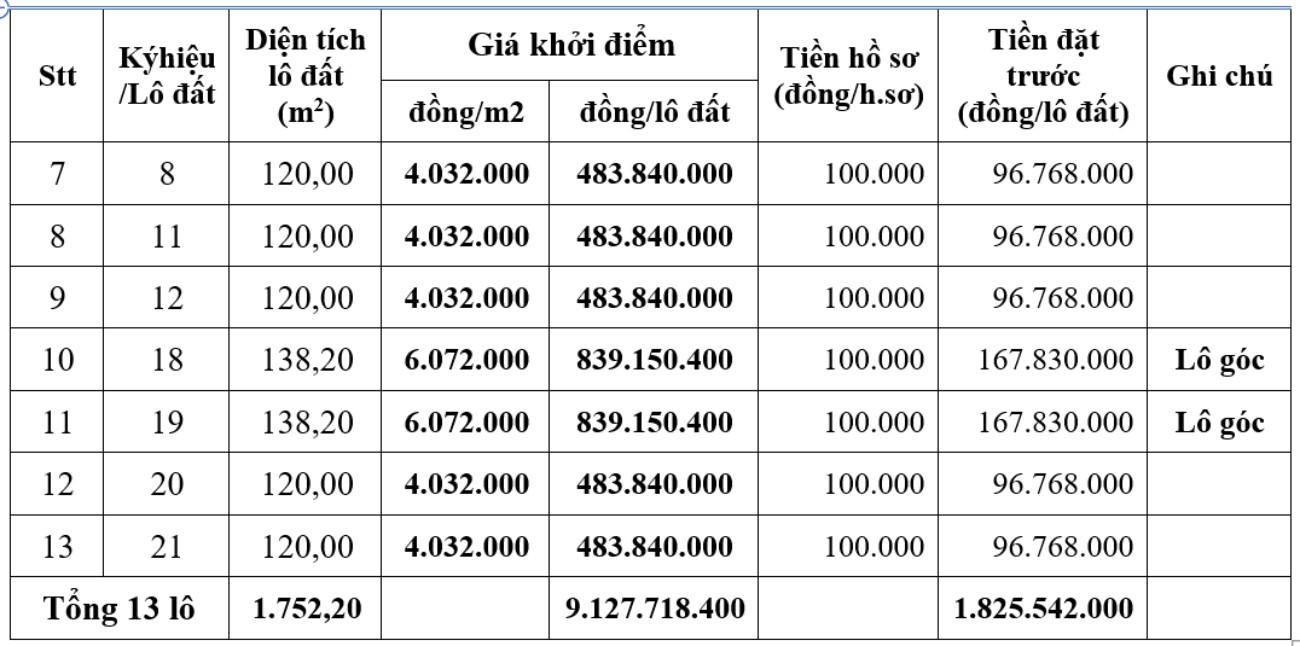 Hưng Yên đấu giá 13 lô đất khu dân cư Quỳnh Ngọc vào ngày 6.11. Ảnh: Trung tâm Dịch vụ đấu giá tài sản số 2