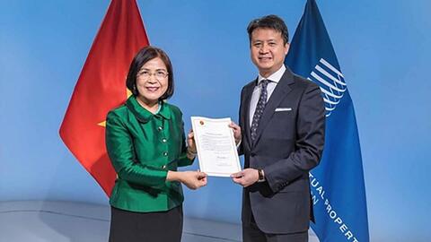 Đại diện Việt Nam trao văn kiện gia nhập Hiệp ước Marrakesh cho Tổng Giám đốc WIPO