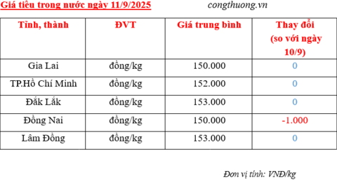 Giá tiêu hôm nay 11/9/2025: Đồng Nai quay đầu giảm 1.000 đồng/kg