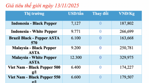 Giá tiêu hôm nay 13/11/2025: Giảm tại Đắk Lắk, Lâm Đồng