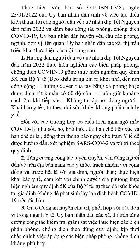 Văn bản mới nhất ngày 24.1 của UBND huyện Hương Khê hướng dẫn biện pháp phòng dịch không còn phải cách ly. Ảnh: Trần Tuấn.