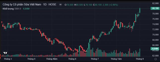 VNM vừa thiết lập đỉnh mới trong năm nay. Đóng cửa phiên hôm nay (5/9), VNM tăng gần 3% lên 80.100 đồng/cổ phiếu.