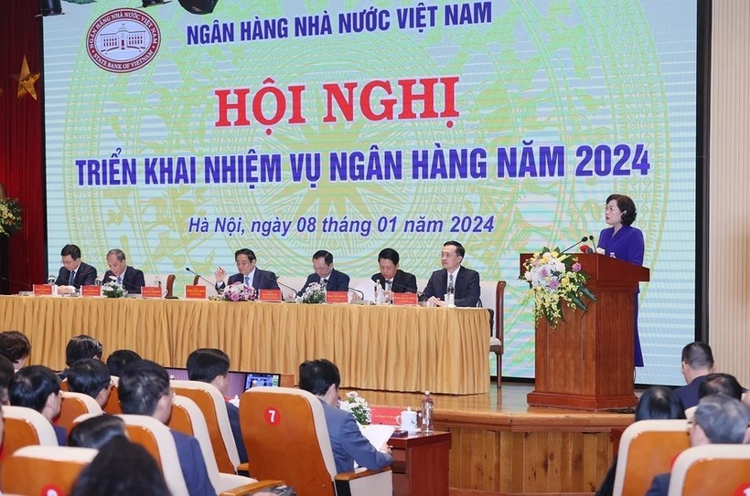 Thống đốc Ngân hàng Nhà nước Việt Nam Nguyễn Thị Hồng khai mạc hội nghị. (Ảnh: Dương Giang/TTXVN)