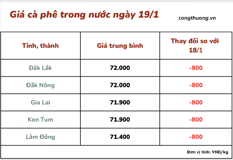 Giá cà phê 19/1, giá cà phê trong nước ngày 19/1/2024