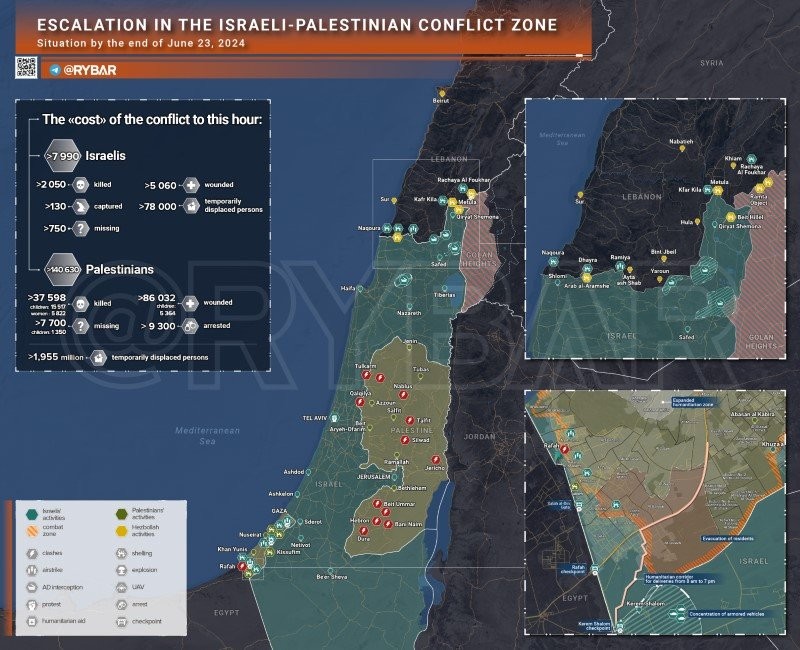 Bản đồ xung đột Israel - Hamas ngày 23/6. (Ảnh: Rybar)