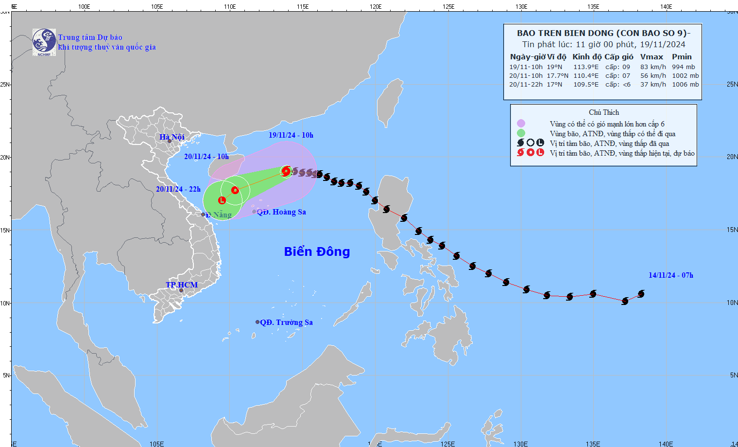 Bão số 9 cách quần đảo Hoàng Sa khoảng 300km và đang suy yếu dần