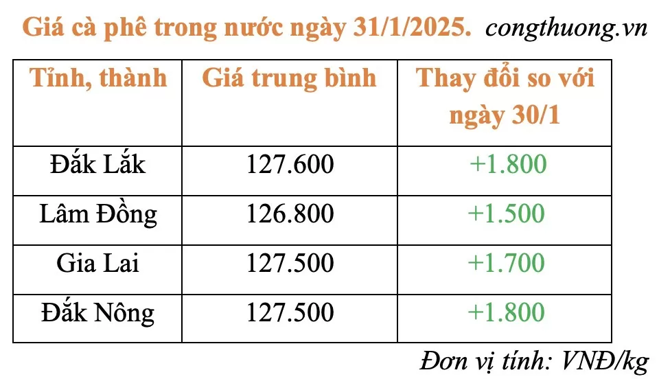 Giá cà phê hôm nay 31/1/2025: