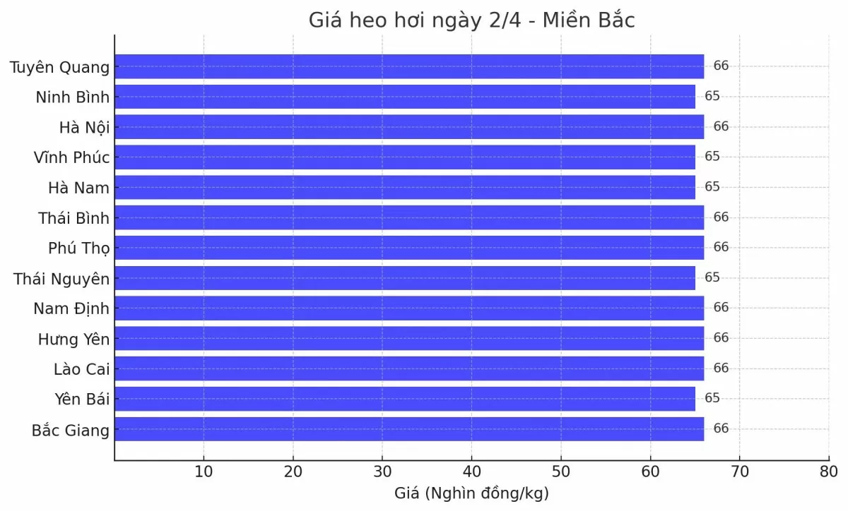 Biểu đồ giá heo hơi tại các tỉnh miền Bắc ngày 2/4.
