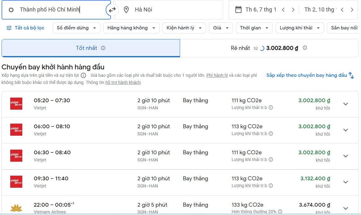 Theo khảo sát ngày 2.7, Giá vé máy bay TPHCM - Hà Nội ngày 7-10.1 thấp nhất 3 triệu đồng/người. Ảnh: Chí Long