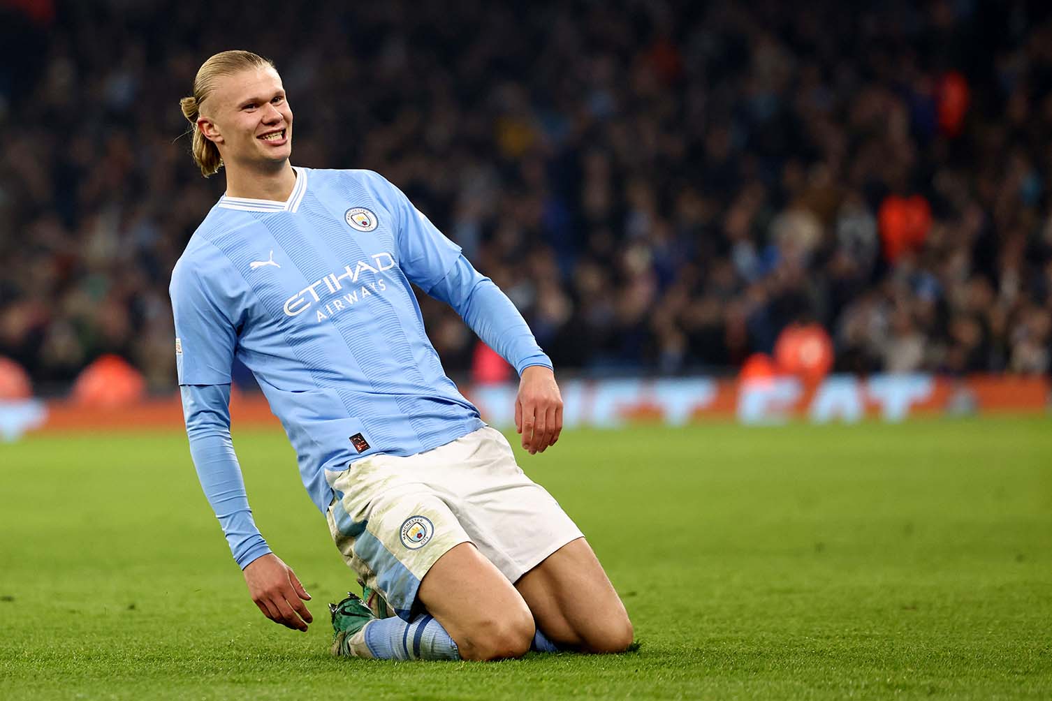 Erling Haaland sẽ là chủ lực của Man City tại Etihad cuối tuần này. Ảnh: AFP