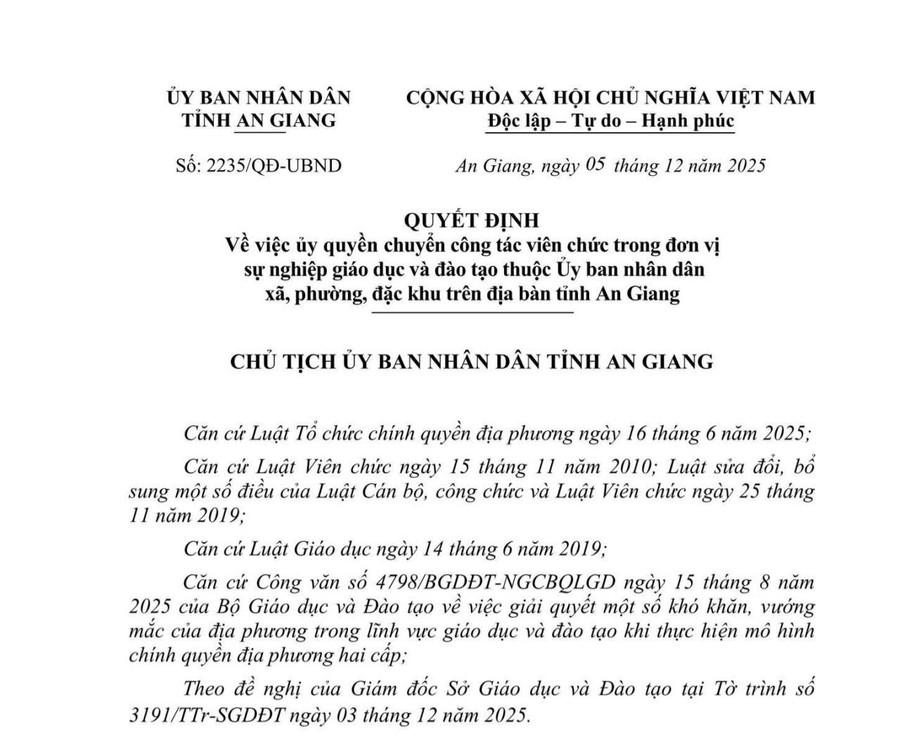 Quyết định ủy quyền chuyển công tác viên chức trong ngành Giáo dục trên địa bàn tỉnh An Giang năm học 2025 - 2026. Ảnh: Trọng Nhân 1000063439.jpg