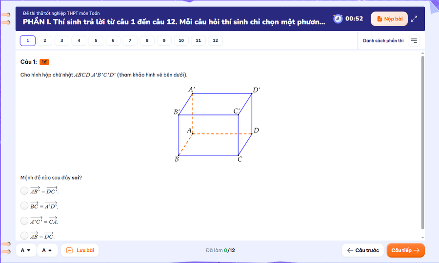 Giao diện thi thử tốt nghiệp THPT trên nền tảng OLM.