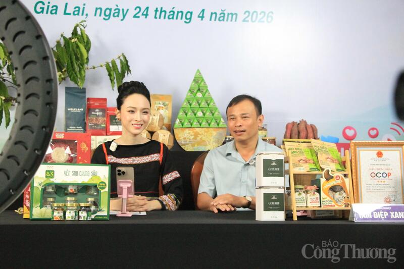 Ông Nguyễn Đình Kha, Phó Giám đốc Sở Công Thương tỉnh Gia Lai tham gia livestream cùng Hoa hậu người Việt tại Nga năm 2007 Trương Hồ Phương Nga. Ảnh: Hiền Mai