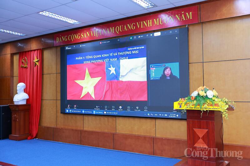 Bà Ngô Thu Hương - Tham tán thương mại, Thương vụ Việt Nam tại Chile phát biểu tại hội thảo bằng hình thức trực tuyến. Ảnh: Quỳnh Trang
