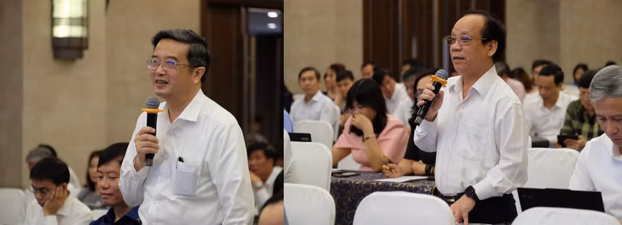 GS.TS Nguyễn Vũ Quốc Huy, Quyền Giám đốc Đại học Huế (ảnh trái) và PGS.TS Nguyễn Ngọc Vũ, Giám đốc Đại học Đà Nẵng phát biểu tại Hội nghị. ghep-anh-hue-da-nang.jpg