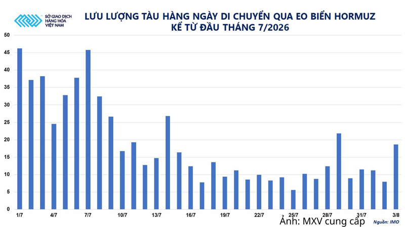 Lưu lượng tàu hàng ngày đi qua eo biển Hormuz từ đầu tháng 7/2026.
