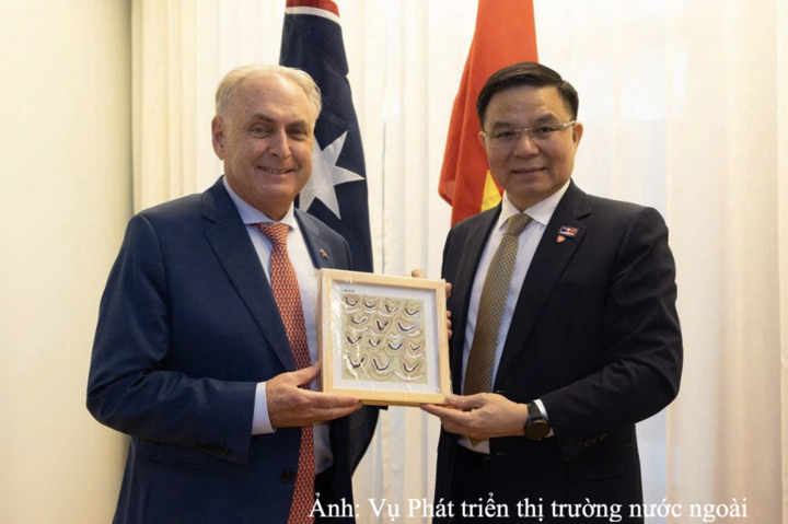 Bộ trưởng Bộ Công Thương Lê Mạnh Hùng và Bộ trưởng Bộ Thương mại và Du lịch Australia Don Farrell trao quà lưu niệm.
