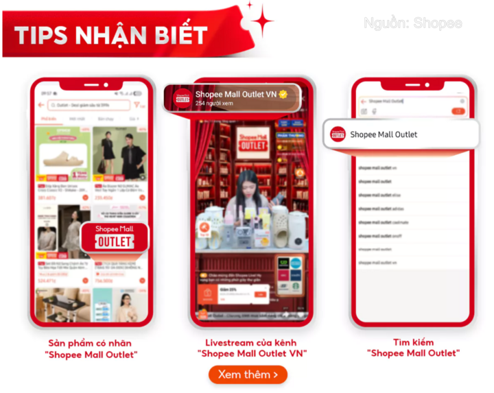 Các sản phẩm thuộc Shopee Mall Outlet được gắn nhãn nhận diện riêng và có các phiên livestream chuyên biệt, giúp người dùng dễ dàng tìm kiếm và mua sắm với mức giá ưu đãi